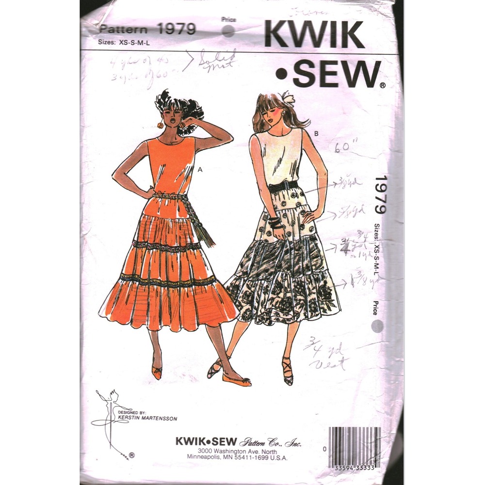 Kwik Sew 1979 Vintage Sewing Pattern Misses Sleeveless Top Tiered Skirt XS-L